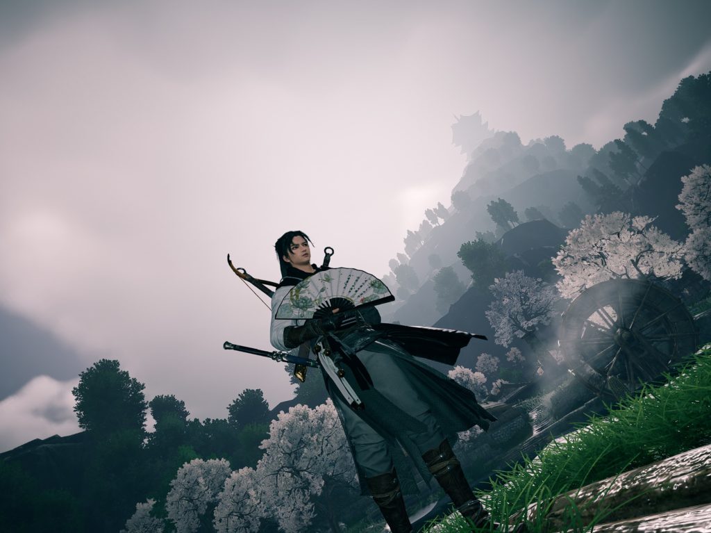 Wuxia character holding a fan in a beautiful landscape of hills and cherry trees.