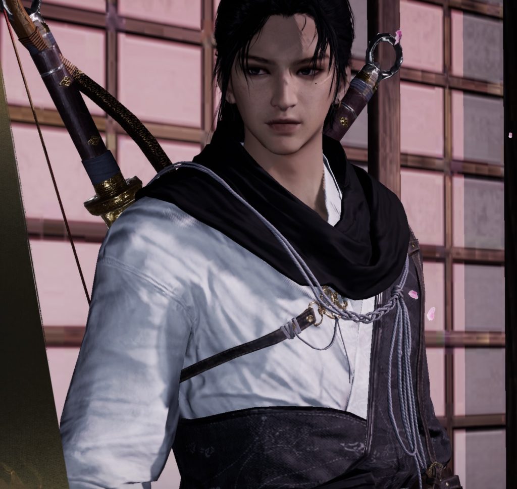 Game screenshot showing a male character wearing a wuxia outfit and carrying weapons on his back.