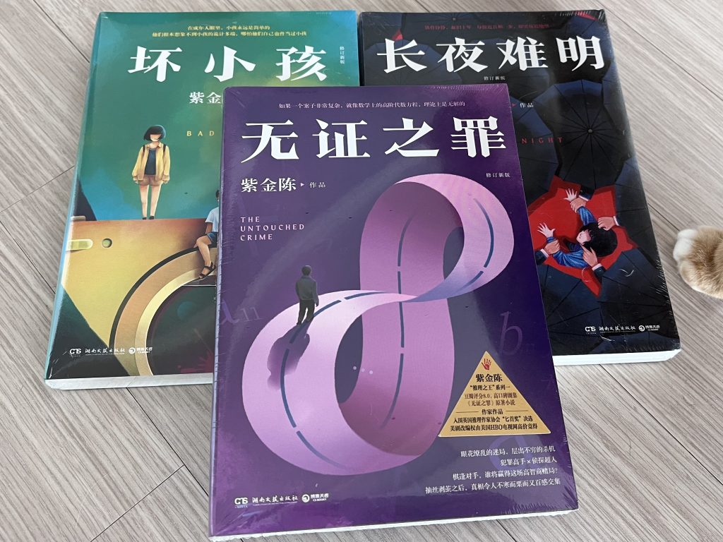 Picture of three books lying on the ground, with their cover facing the camera. One book is on top of the other two, but the title of each book is visible: 长夜难明, 坏小孩, and the book on top is 无证之罪.