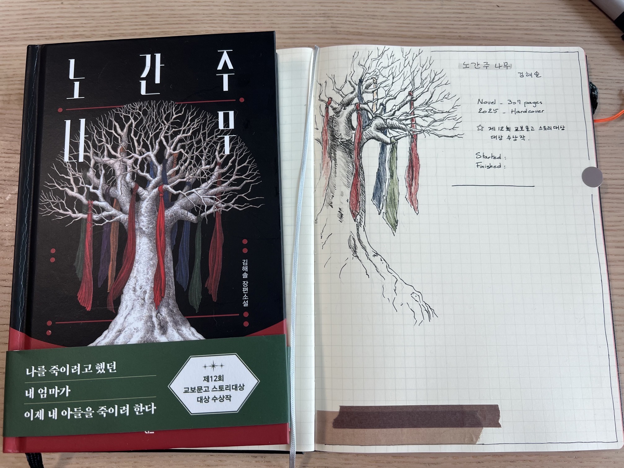 A book showing a tree with leafless branches and fabric hanging from the branches + a notebook with the same tree drawn with pen and coloured pencils.