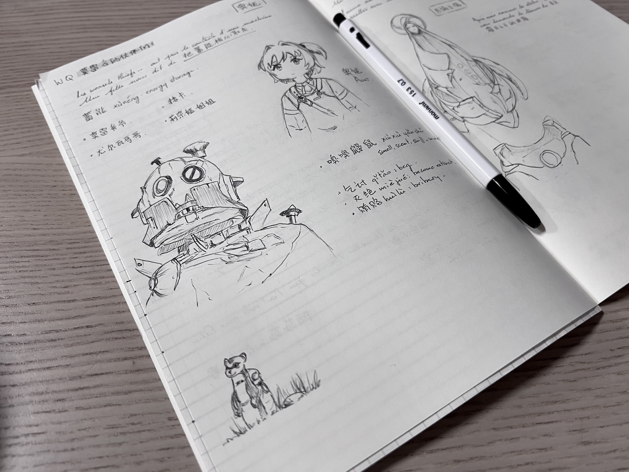 Notebook page showing various drawings and annotations in Chinese. Drawings include a girl, a device, a weasel and a statue.