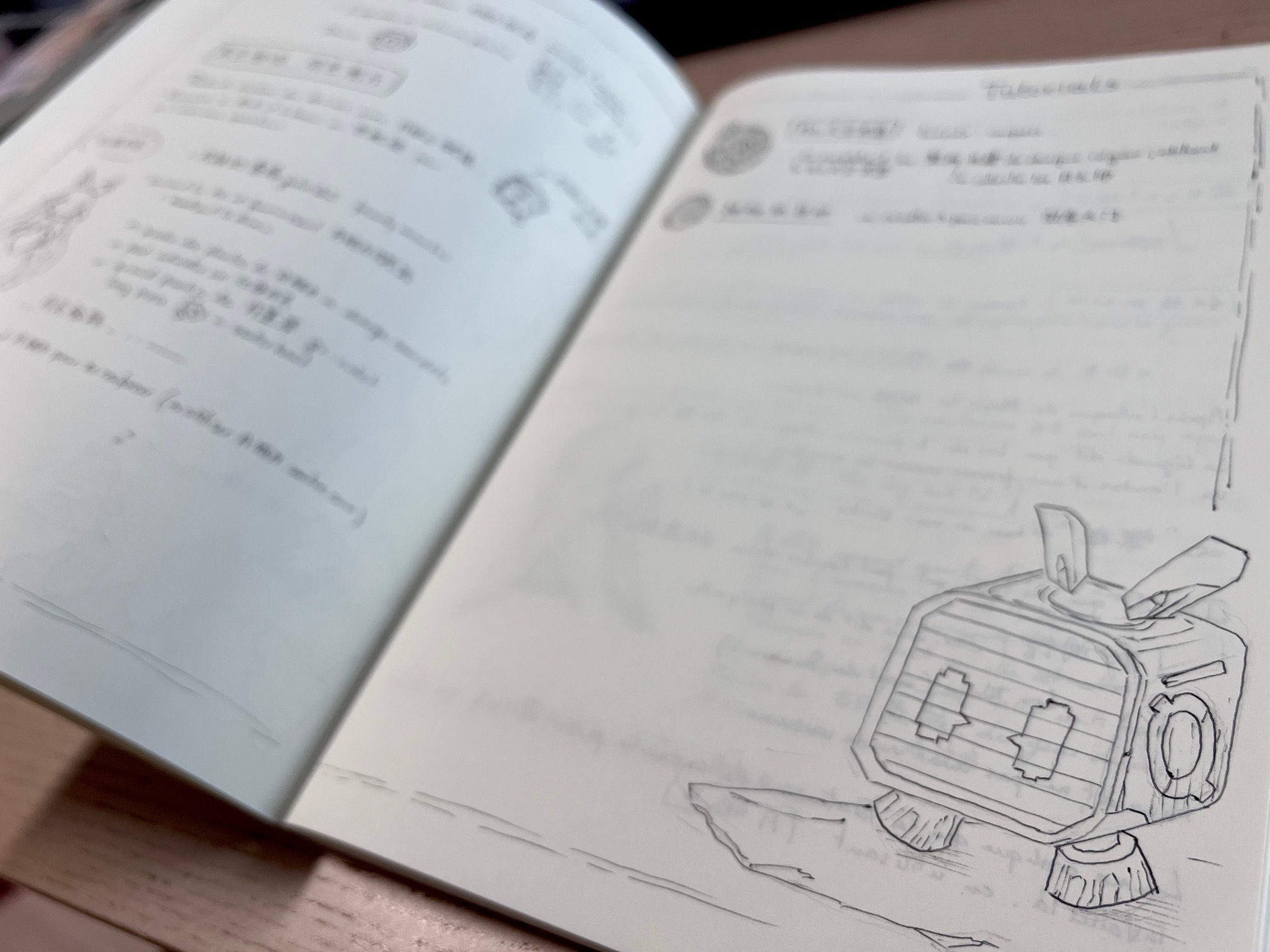 Notebook page showing a small device with eyes and other annotations that are blurred.