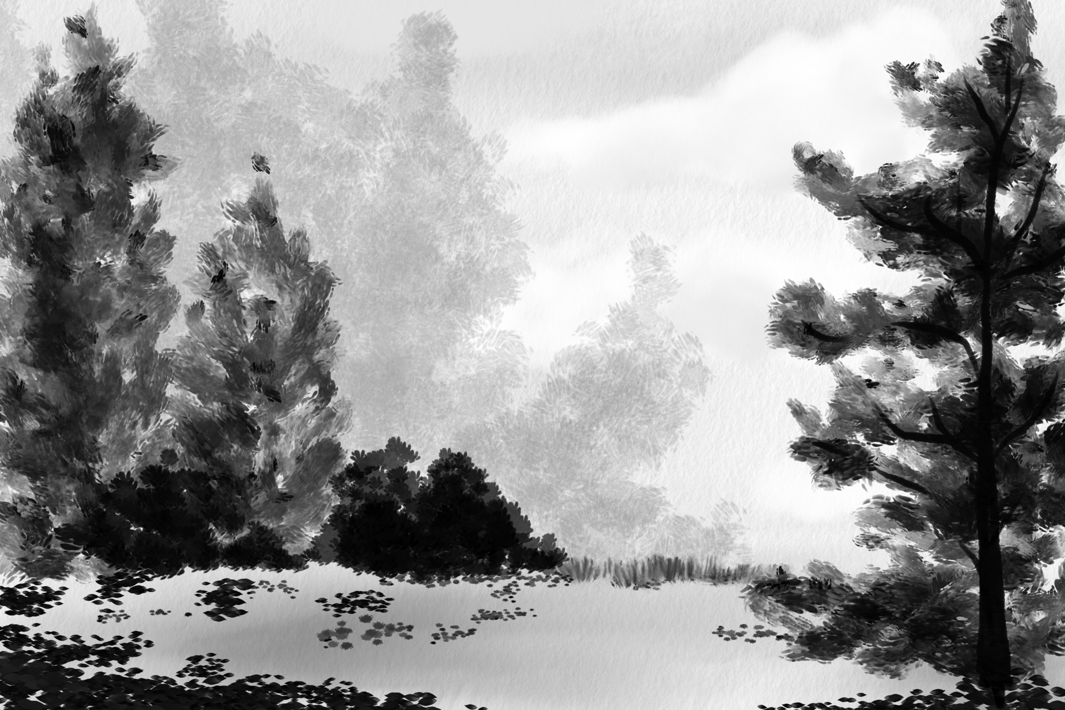 Black and white drawing of a landscape with various trees and bushes on the left and a big tree on the right.