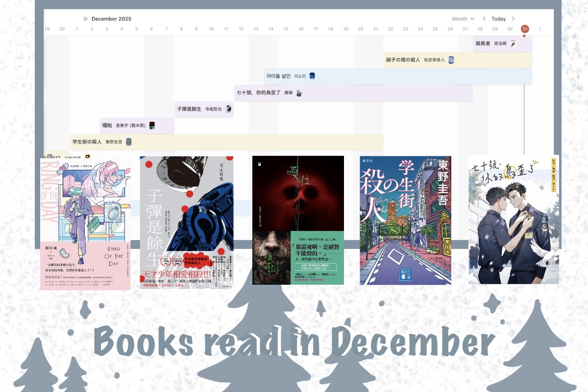 Montage with the title “Books read in December” five mini book covers, a timeline and some drawings of pine trees at the bottom.